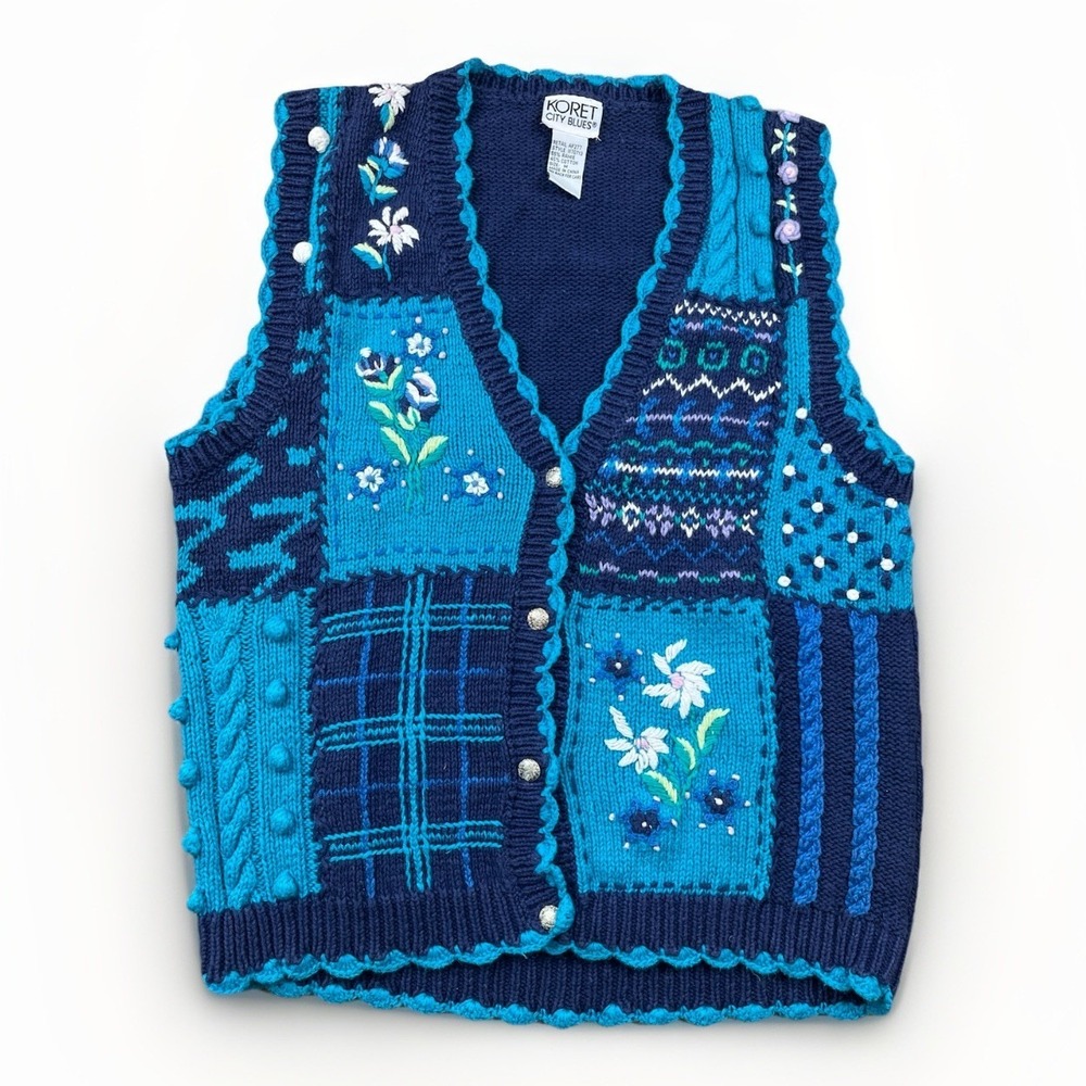 VTG Koret Sweater Vest M Crochet Embroidered Floral Grandma Cottage Retro 90s
